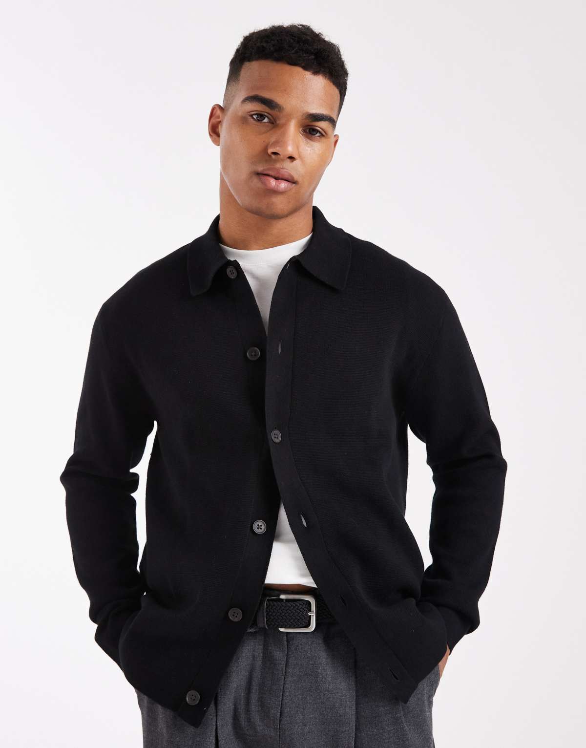 Jack & Jones premium knitted cardigan with collar in black