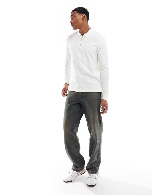 Jack & Jones Premium knitted half zip long sleeve polo in white