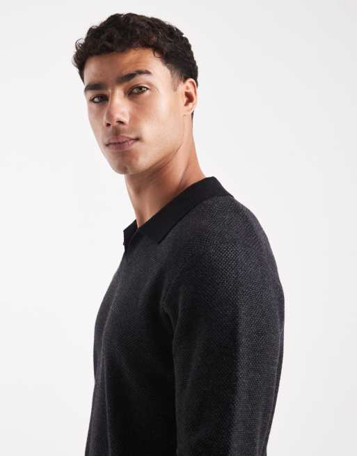 Jack & Jones premium knitted long sleeve polo in dark grey melange, 5 of 5