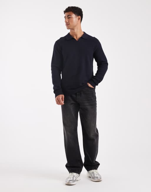 Jack & Jones Premium knitted long sleeve polo in navy