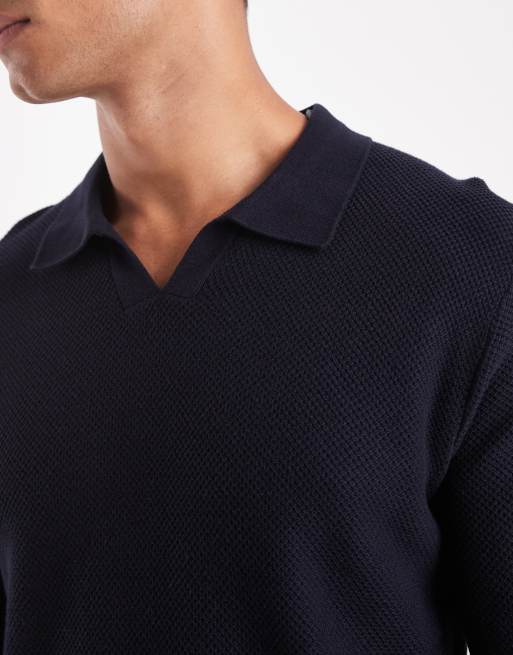 Jack & Jones Premium knitted long sleeve polo in navy