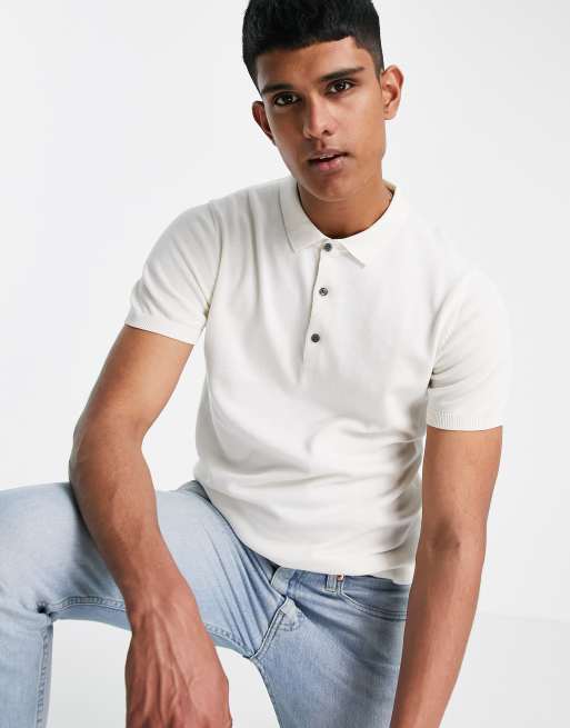 Jack & Jones Premium knitted polo in ecru | ASOS