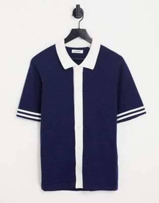 Jack & Jones Premium knitted polo in navy with stripe tipping detail