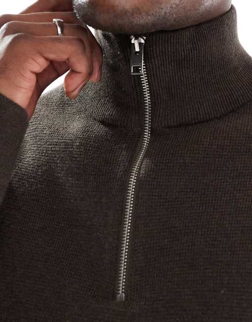 Jack & Jones premium knitted quarter zip jumper in brown, 5 of 5