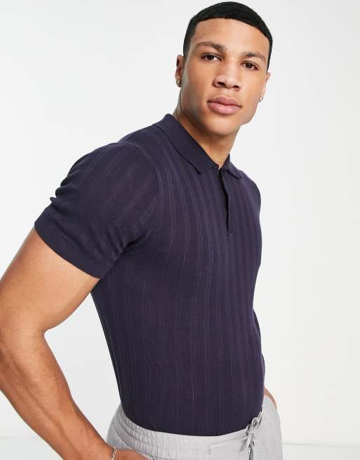 Jack & Jones Premium knitted ribbed polo in navy 