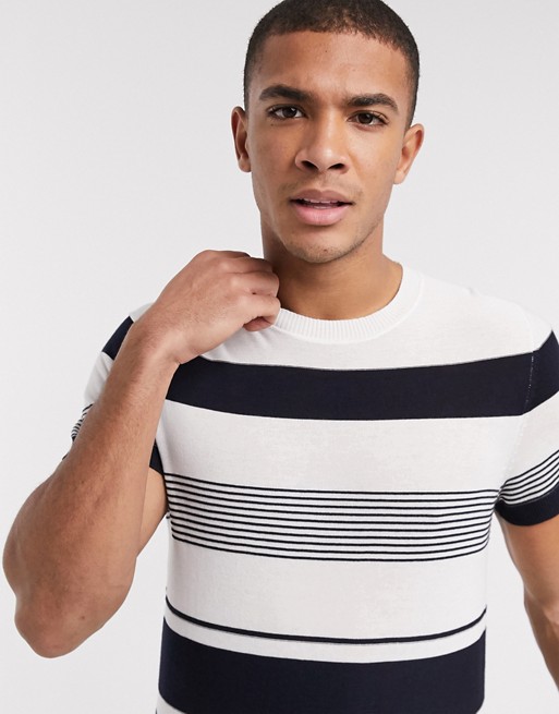 Jack & Jones Premium knitted t-shirt in black & white stripe