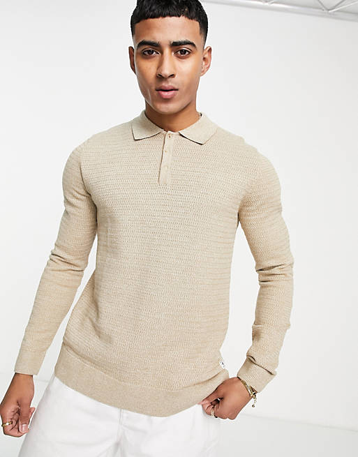 Polo shirts Jack & Jones Premium knitted textured long sleeve polo in beige 