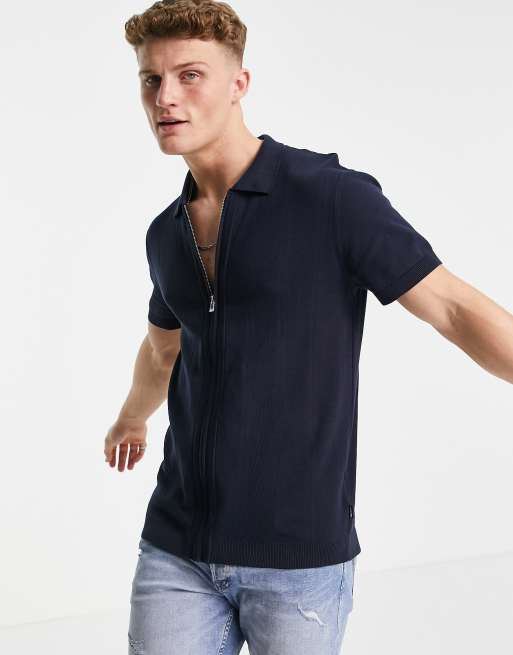 Jack Jones Premium Knitted Zip Through Polo In Navy Asos