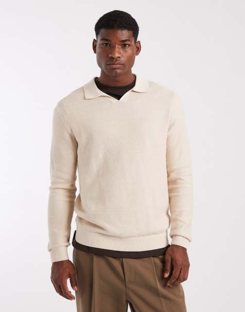 Jack & Jones premium knitted long sleeve polo in cream