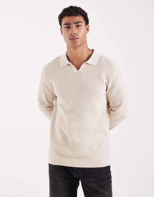 Jack & Jones Premium – Kremowa dzianinowa koszulka polo z długim rękawem