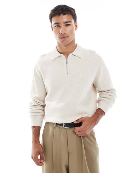 Jack & Jones Premium – Kremowa dzianinowa koszulka polo z długimi rękawami i zapięciem na suwak pod szyją - view 1