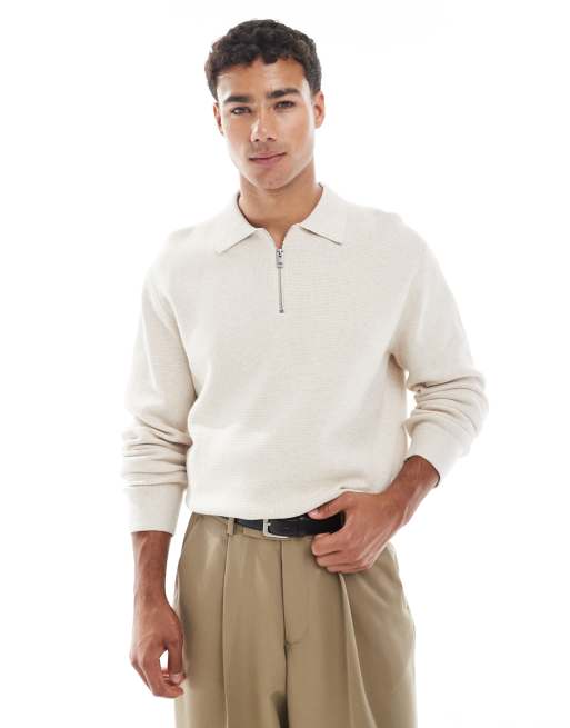 Jack & Jones Premium – Kremowa dzianinowa koszulka polo z długimi rękawami i zapięciem na suwak pod szyją