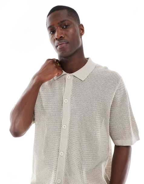 Jack & Jones Premium button through polo shirt in cream texture