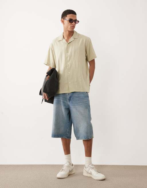 Jack & Jones Premium – Kurzärmliges Hemd aus Leinenmix in Grün mit Streifen, 2 von 5