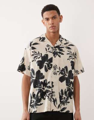 Premium - Kurzärmliges Hemd in Beige mit Pflanzen-Print-Neutral Neutral XS