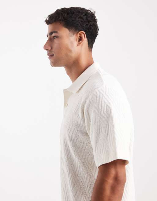 Jack & Jones Premium – Kurzärmliges Strick-Polohemd in Creme, 4 von 5