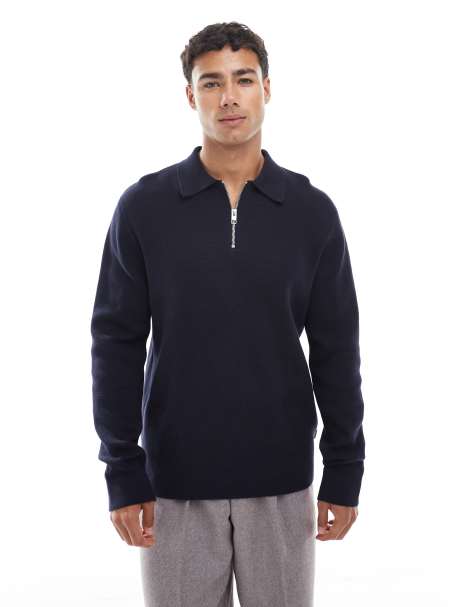 Jack & Jones Premium – Langärmliges, gestricktes Polohemd in Marineblau mit kurzem Reißverschluss - view 1