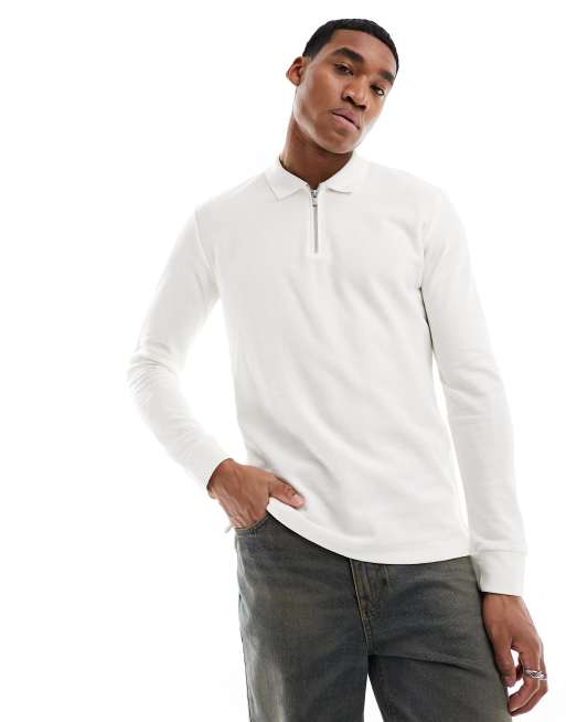 Jack & Jones – Premium – Langärmliges, gestricktes Polohemd in Weiß mit kurzem Reißverschluss
