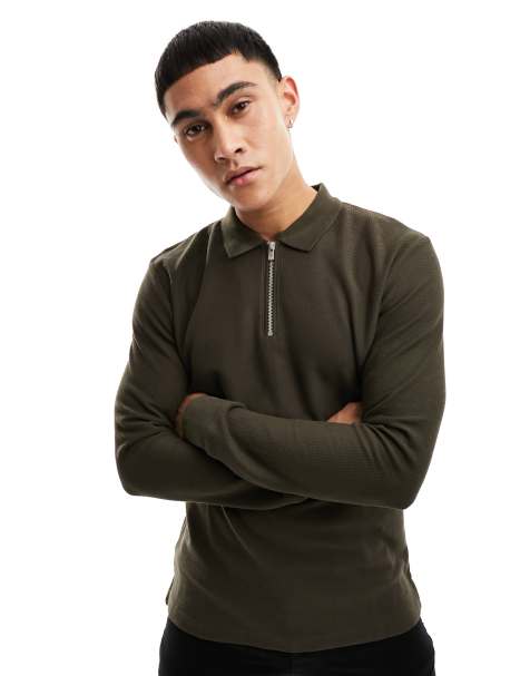 Jack & Jones – Premium – Langärmliges Polohemd aus Strick in Braun mit halblangem Reißverschluss - view 1