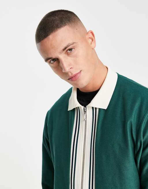 Jack & Jones Premium – Langärmliges Polohemd in Grün mit Reißverschluss und kontrastierender Bahn