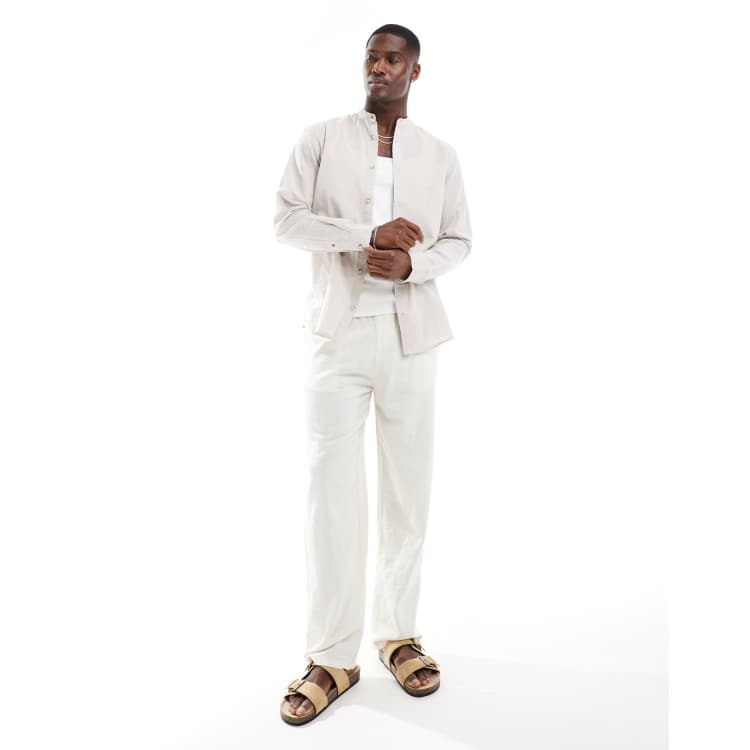 Jack Jones – Premium – Leinen-Hemd in Beige mit Grandad