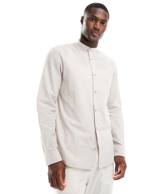 Jack Jones – Premium – Leinen-Hemd in Beige mit Grandad-Kragen