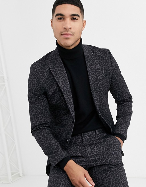 Jack & Jones Premium leopard print suit jacket in black