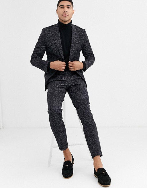 Jack & Jones Premium leopard print suit trousers in black