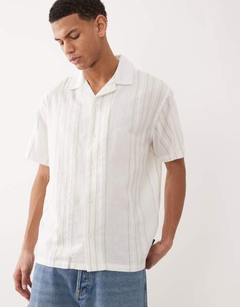 Jack & Jones Premium linen blend short sleeve shirt with green stripes in white - view 1