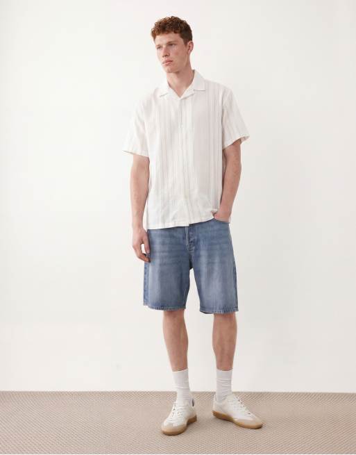 Jack & Jones Premium linen blend short sleeve shirt with green stripes in white, 2 of 5