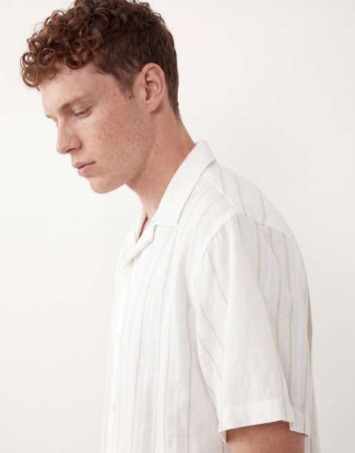 Jack & Jones Premium linen blend short sleeve shirt with green stripes in white, 4 of 5