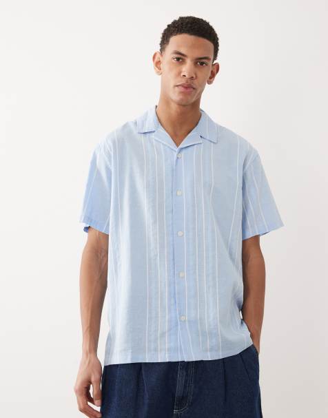 Jack & Jones Premium linen blend short sleeve shirt with white stripes in light blue - view 1