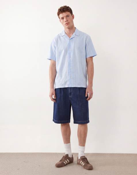 Jack & Jones Premium linen blend short sleeve shirt with white stripes in light blue - view 1