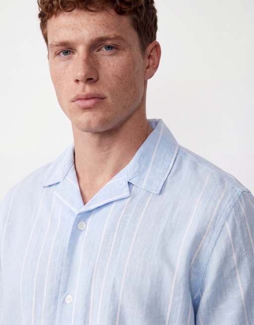 Jack & Jones Premium linen blend short sleeve shirt with white stripes in light blue , 3 of 5