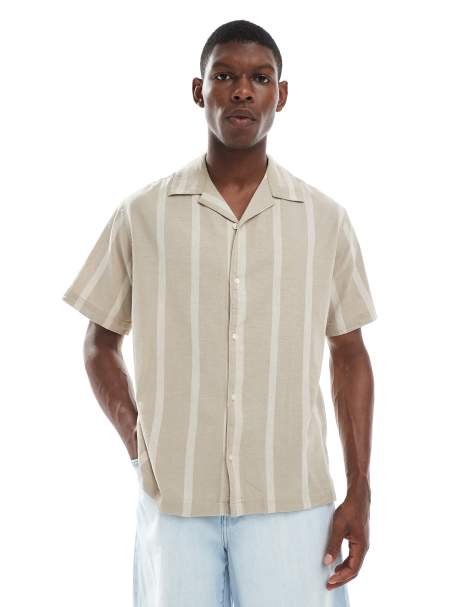 Jack & Jones Premium linen blend striped shirt in cream - view 1