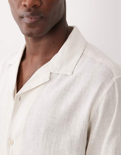 Jack & Jones Premium linen blend textured stripe shirt in cream, 3 of 5