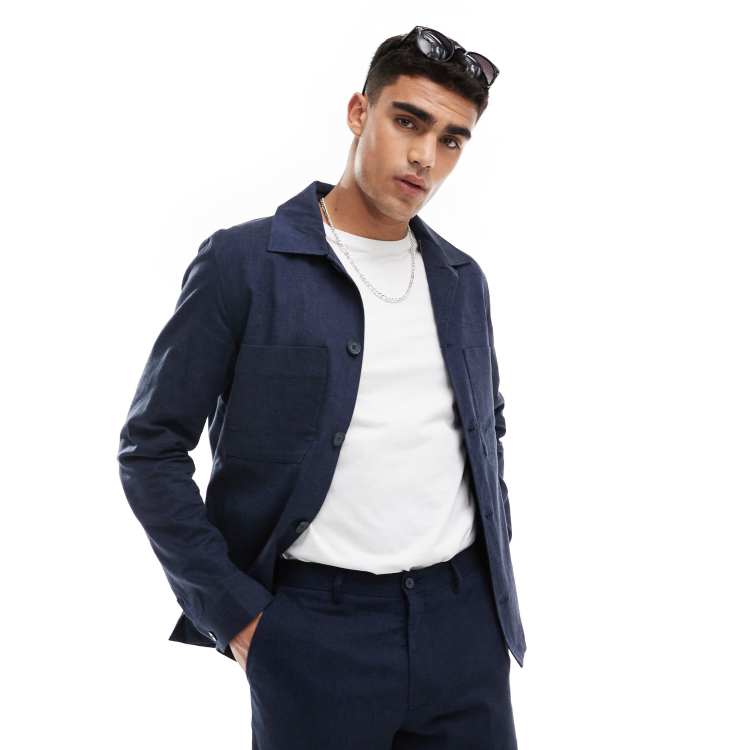 Jack Jones Premium linen mix casual suit jacket in navy ASOS