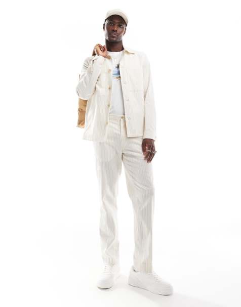 Jack & Jones Premium linen mix casual suit trouser in ecru stripe - view 1