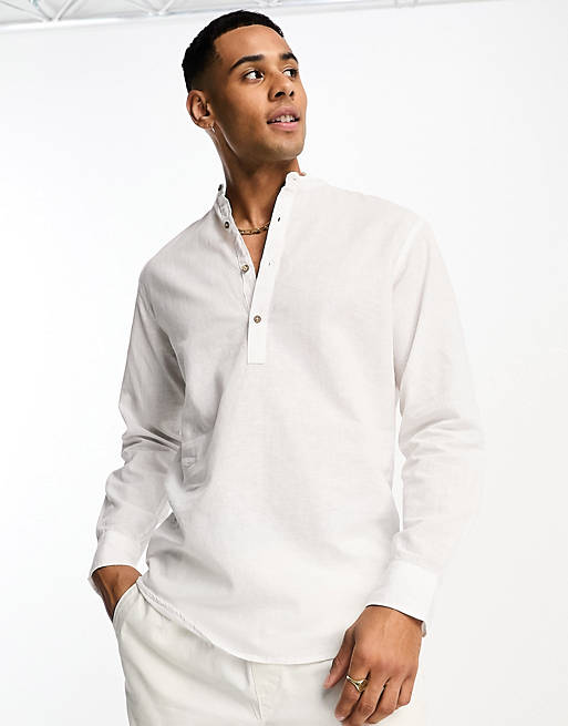 Jack & Jones Premium linen mix half placket shirt white | ASOS