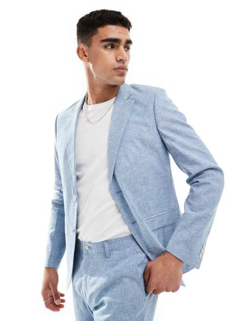 Jack & Jones Premium linen mix slim fit blazer in light blue | ASOS