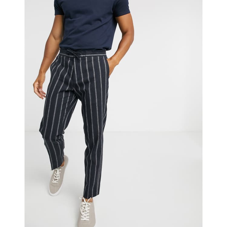 Jack & Jones Premium linen vertical stripe pants with drawstring waist