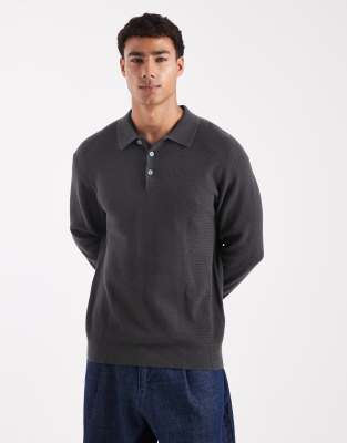 Jack & Jones Premium Long Sleeve Knit Polo In Gray