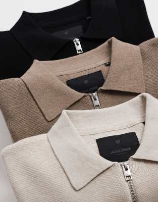 Jack & Jones Premium Long Sleeve Knit Polo Shirt With Quarter Zip In Burgundy