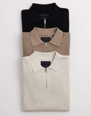 Jack & Jones Premium Long Sleeve Knit Polo Shirt With Quarter Zip In Black