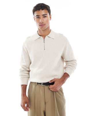 Jack & Jones Premium Long Sleeve Knit Polo Shirt With Quarter Zip In White
