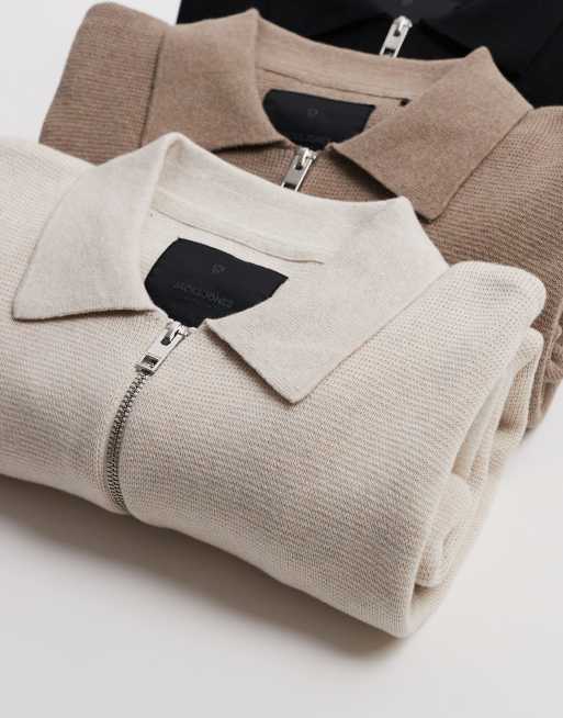 Jack & Jones premium long sleeve knit polo shirt with quarter zip in cream