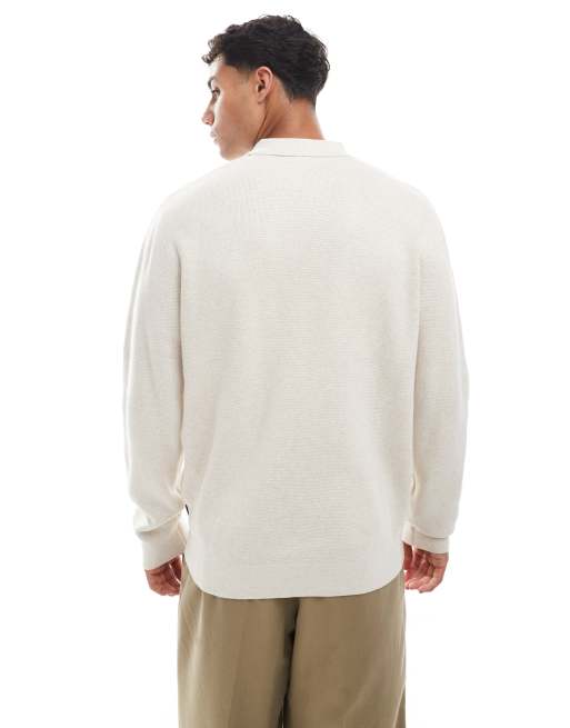 Jack & Jones premium long sleeve knit polo shirt with quarter zip in cream