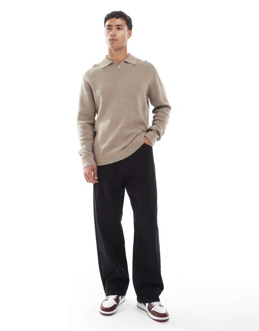 Jack & Jones premium long sleeve knitted polo with quarter zip in beige, 3 of 4