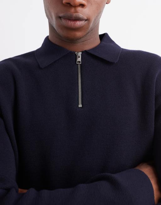 Jack & Jones premium long sleeve knitted polo with quarter zip in navy, 5 of 5