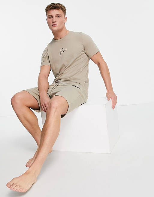 Tracksuits Jack & Jones Premium lounge t-shirt and short set with script logo in beige 